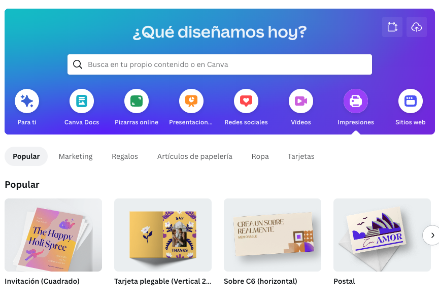 pantalla de Canva para elegir diseños y productos de impresión